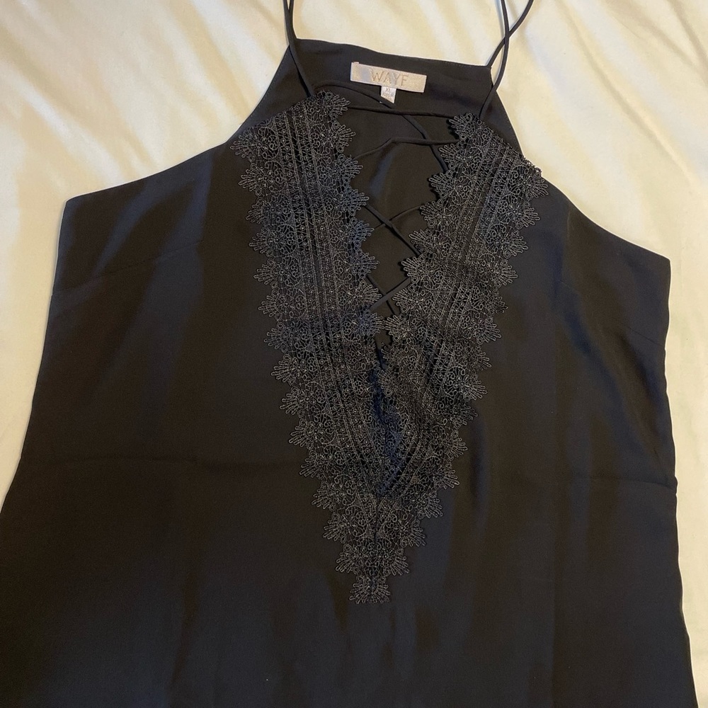 Black spaghetti strap tank. Lace front w/deep V.